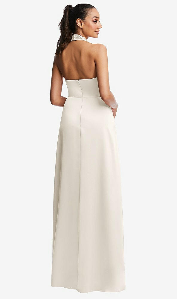 Back View - Ivory Shawl Collar Open-Back Halter Maxi Dress with Pockets
