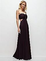 Rear View Thumbnail - Deep Plum Strapless Empire Waist Cutout Maxi Dress with Covered Button Detail