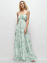 Front View Thumbnail - Mint Green Floral Strapless Empire Waist Cutout Maxi Dress with Covered Button Detail
