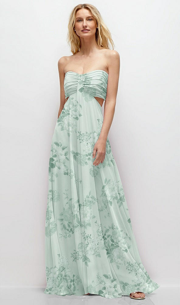 Front View - Mint Green Floral Strapless Empire Waist Cutout Maxi Dress with Covered Button Detail