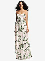 Alt View 5 Thumbnail - Palm Beach Print Strapless Empire Waist Cutout Maxi Dress with Covered Button Detail