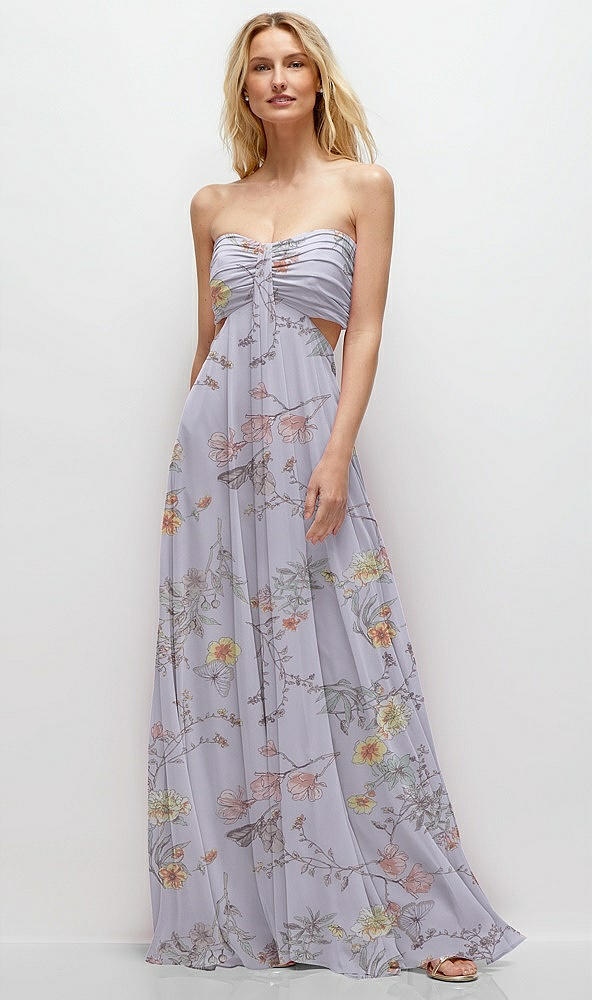 Front View - Butterfly Botanica Silver Dove Strapless Empire Waist Cutout Maxi Dress with Covered Button Detail