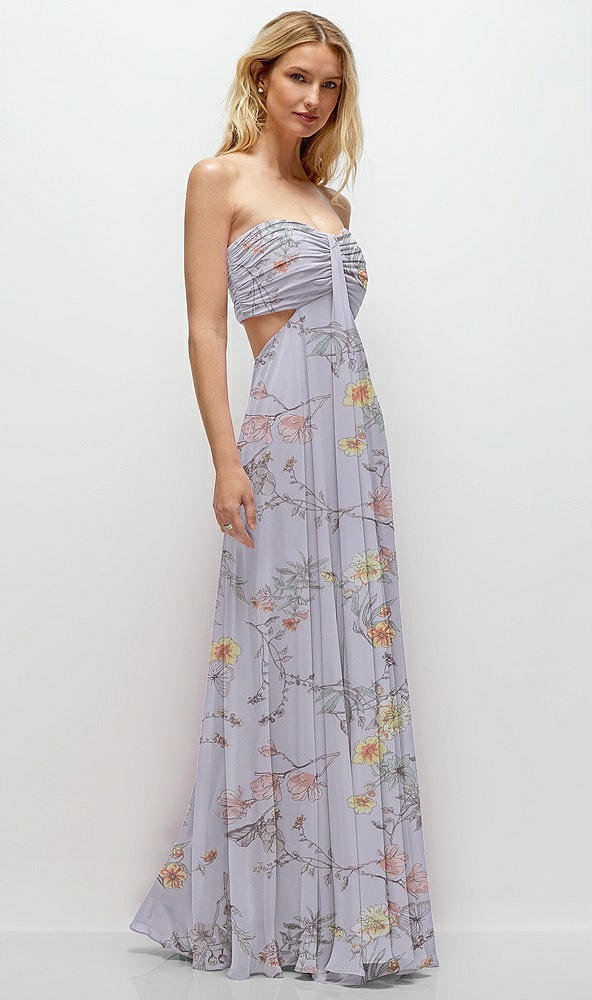 Back View - Butterfly Botanica Silver Dove Strapless Empire Waist Cutout Maxi Dress with Covered Button Detail