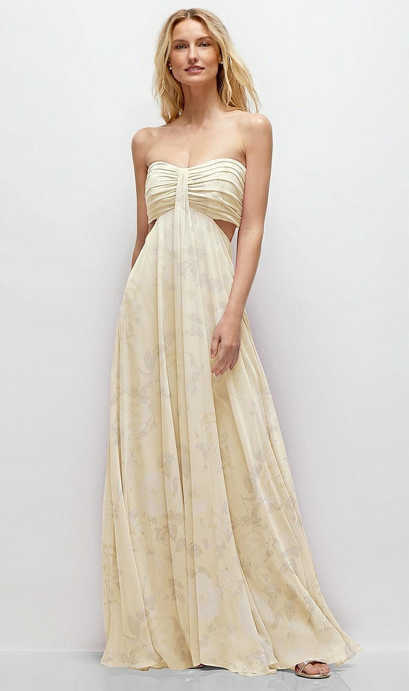 Front View - Butter Yellow Floral Strapless Empire Waist Cutout Maxi Dress with Covered Button Detail