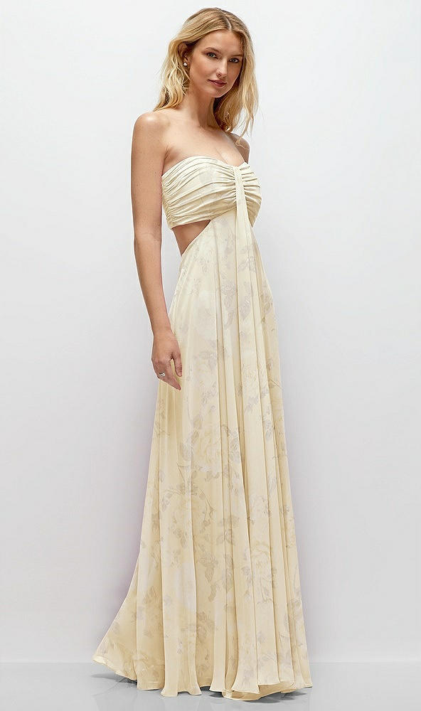 Back View - Butter Yellow Floral Strapless Empire Waist Cutout Maxi Dress with Covered Button Detail