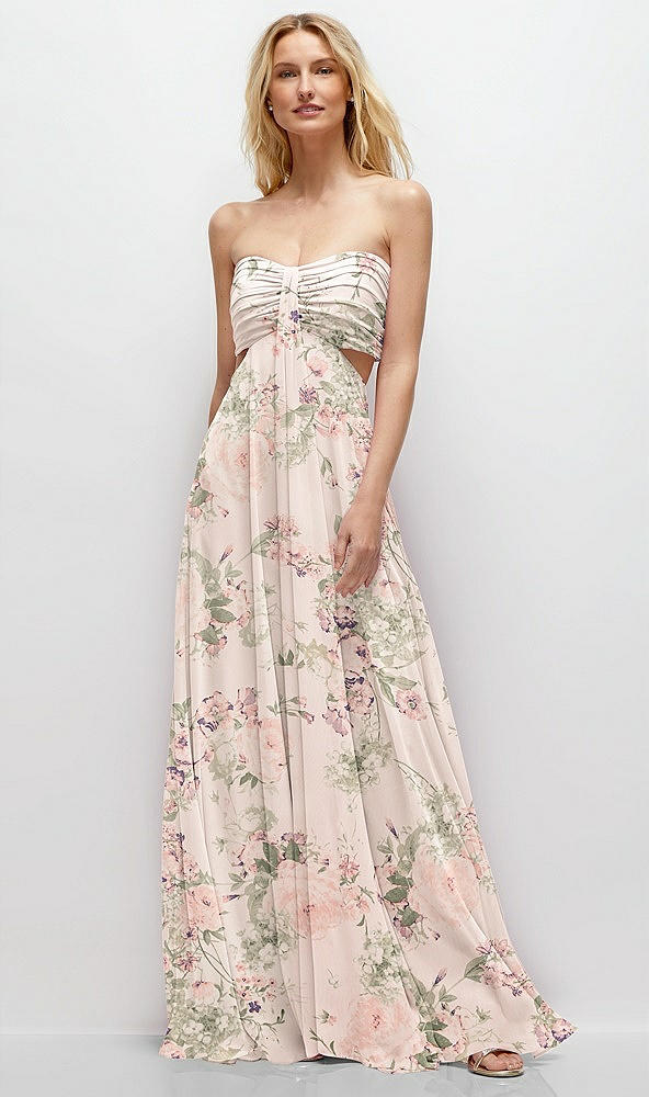 Front View - Blush Garden Strapless Empire Waist Cutout Maxi Dress with Covered Button Detail