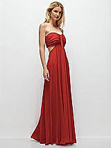 Rear View Thumbnail - Poppy Red Strapless Empire Waist Cutout Maxi Dress with Covered Button Detail