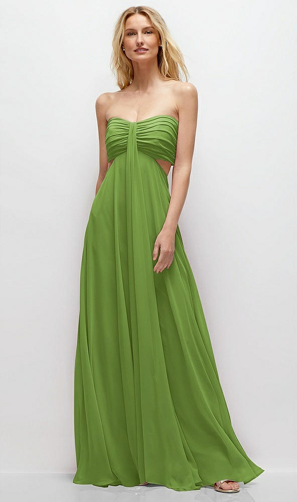 Front View - Peridot Green Strapless Empire Waist Cutout Maxi Dress with Covered Button Detail