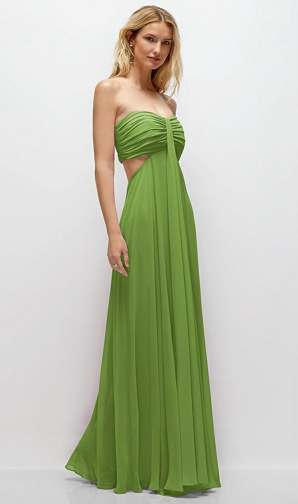 Back View - Peridot Green Strapless Empire Waist Cutout Maxi Dress with Covered Button Detail
