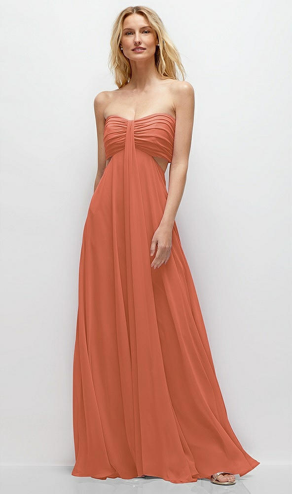 Front View - Terracotta Copper Strapless Empire Waist Cutout Maxi Dress with Covered Button Detail