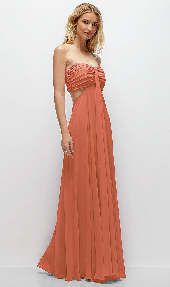 Back View - Terracotta Copper Strapless Empire Waist Cutout Maxi Dress with Covered Button Detail