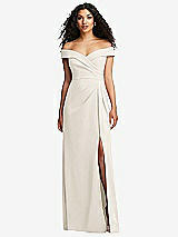 Front View Thumbnail - Ivory Cuffed Off-the-Shoulder Pleated Faux Wrap Maxi Dress
