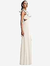 Side View Thumbnail - Ivory Ruffle-Trimmed Neckline Cutout Tie-Back Trumpet Gown