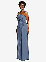Side View Thumbnail - Larkspur Blue Strapless Pleated Faux Wrap Trumpet Gown with Front Slit