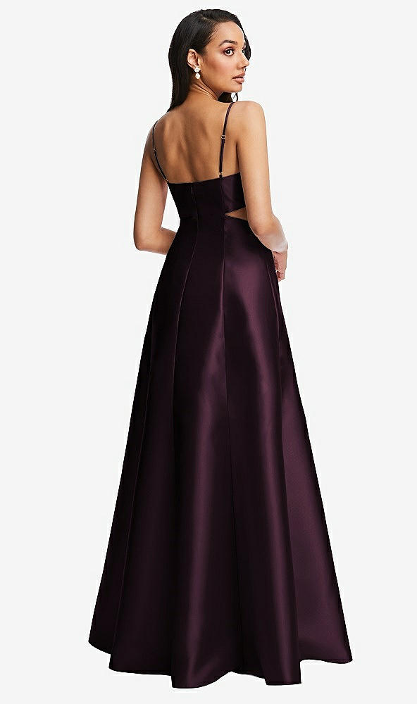 Back View - Deep Plum Open Neckline Cutout Satin Twill A-Line Gown with Pockets