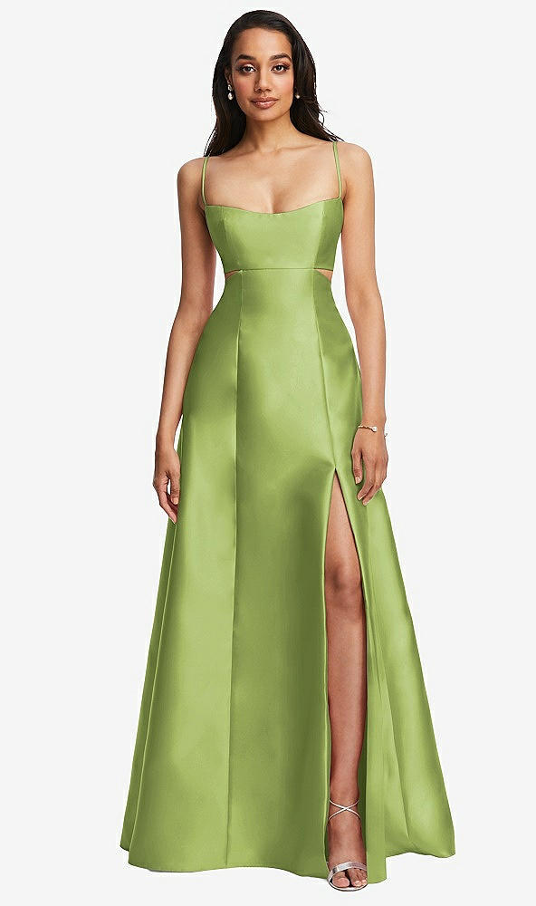 Front View - Mojito Open Neckline Cutout Satin Twill A-Line Gown with Pockets
