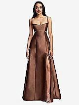 Front View Thumbnail - Cognac Open Neckline Cutout Satin Twill A-Line Gown with Pockets