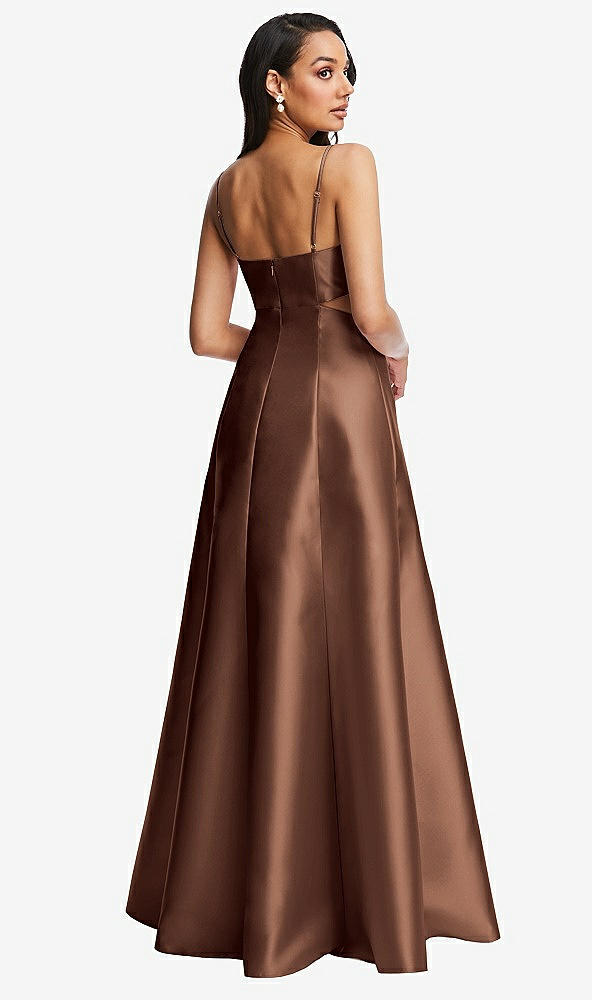 Back View - Cognac Open Neckline Cutout Satin Twill A-Line Gown with Pockets