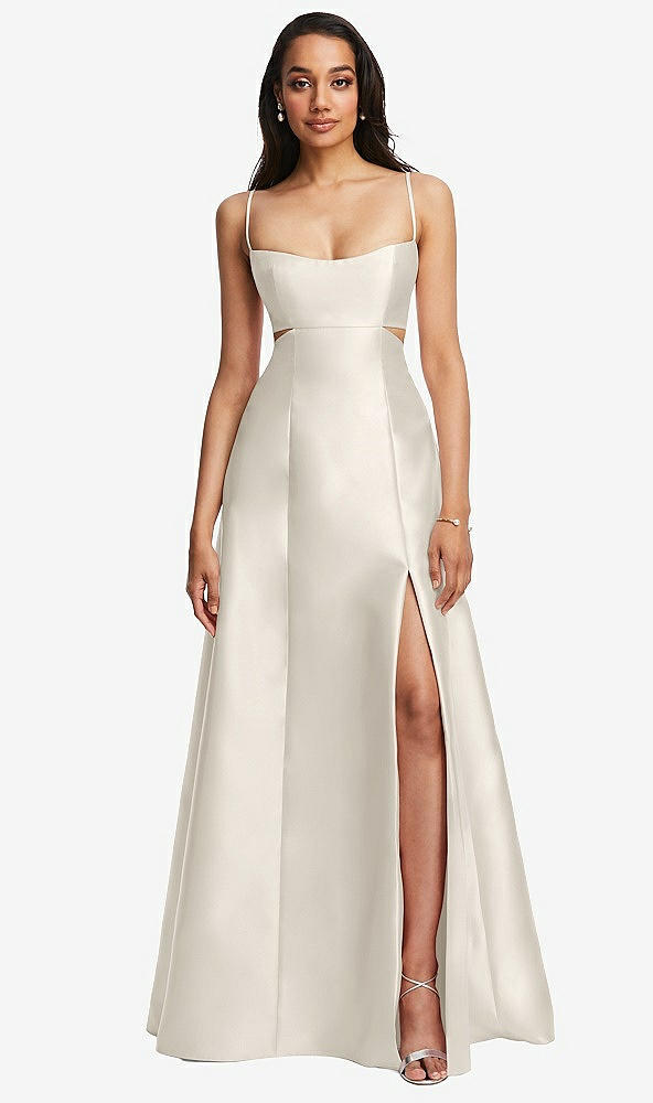 Front View - Ivory Open Neckline Cutout Satin Twill A-Line Gown with Pockets