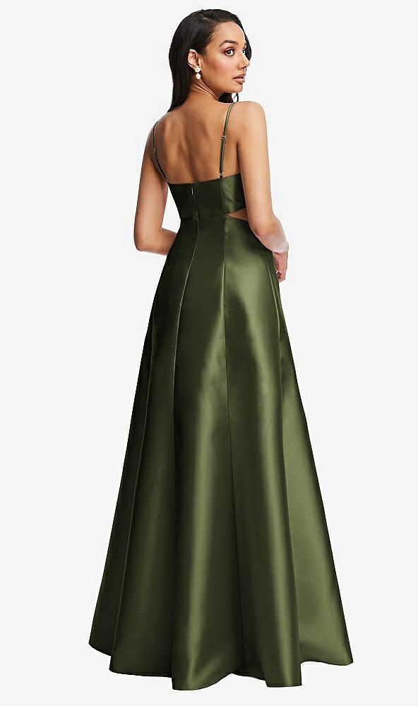 Back View - Olive Green Open Neckline Cutout Satin Twill A-Line Gown with Pockets