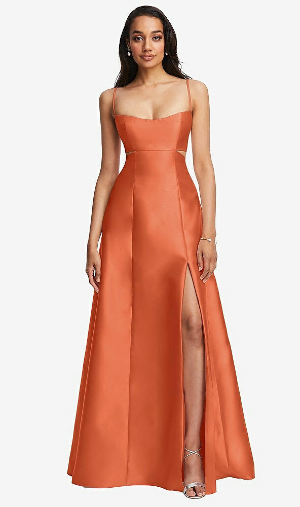 Front View - Portofino Orange Open Neckline Cutout Satin Twill A-Line Gown with Pockets