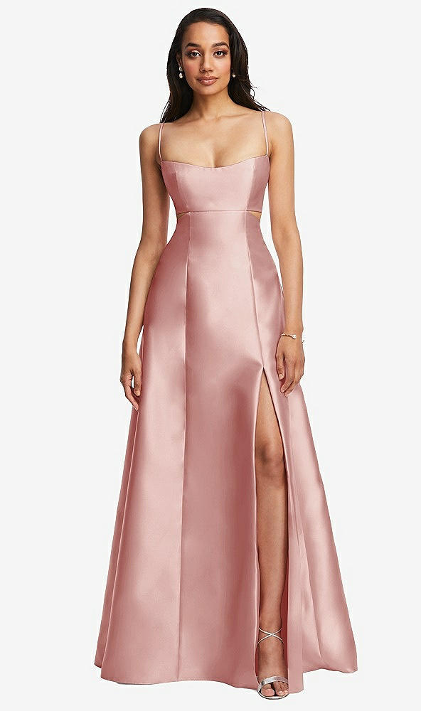 Front View - Rose Open Neckline Cutout Satin Twill A-Line Gown with Pockets