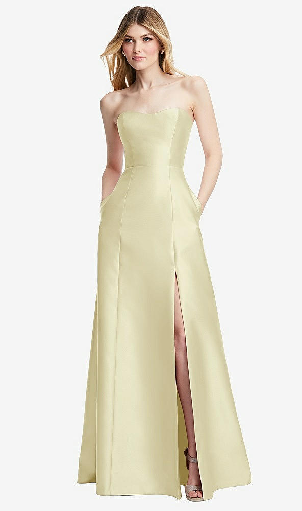Back View - Butter Yellow Strapless A-line Satin Gown with Modern Bow Detail