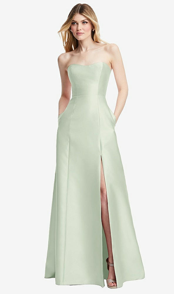 Back View - Mint Green Strapless A-line Satin Gown with Modern Bow Detail