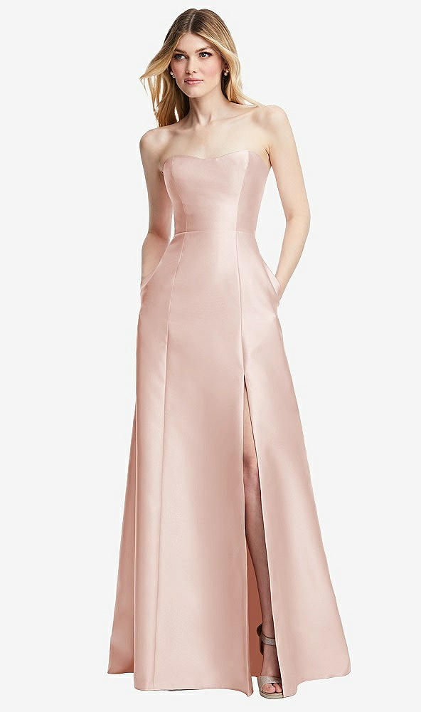 Back View - Blush Strapless A-line Satin Gown with Modern Bow Detail