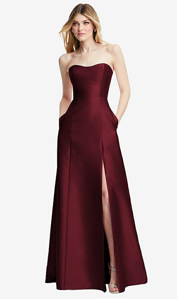 Back View - Cabernet Strapless A-line Satin Gown with Modern Bow Detail