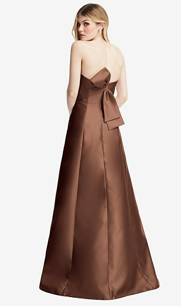Front View - Cognac Strapless A-line Satin Gown with Modern Bow Detail