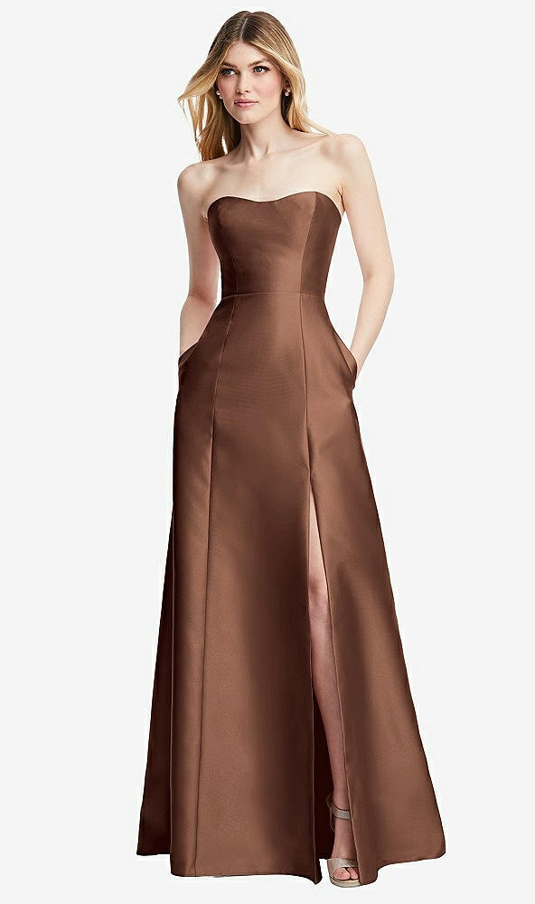 Back View - Cognac Strapless A-line Satin Gown with Modern Bow Detail