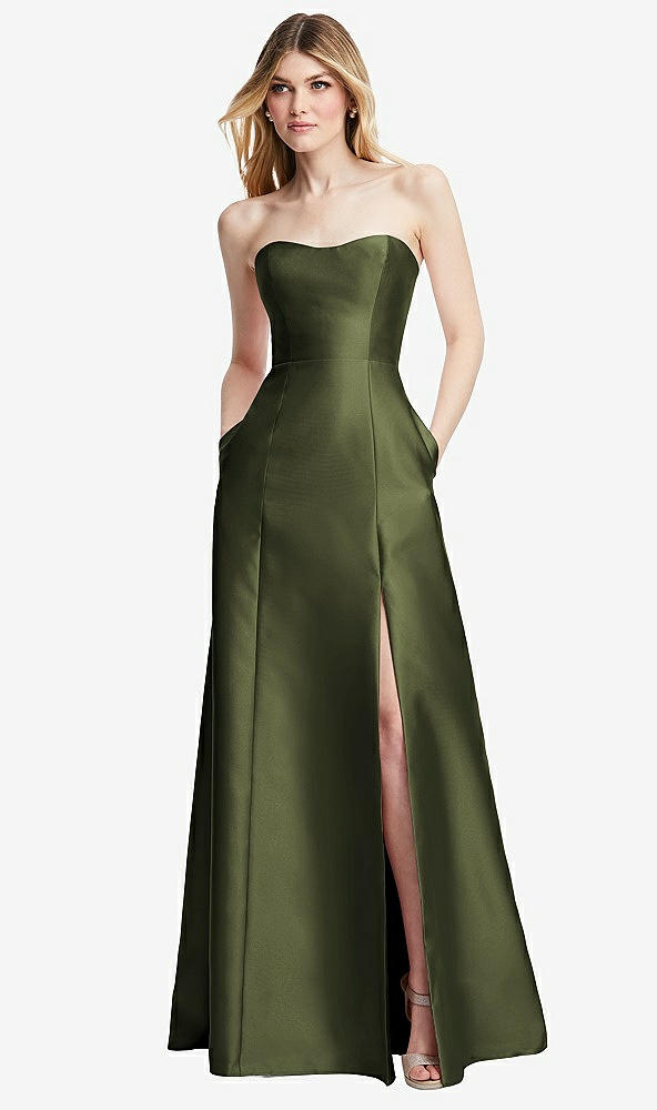 Back View - Olive Green Strapless A-line Satin Gown with Modern Bow Detail