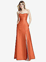 Rear View Thumbnail - Portofino Orange Strapless A-line Satin Gown with Modern Bow Detail