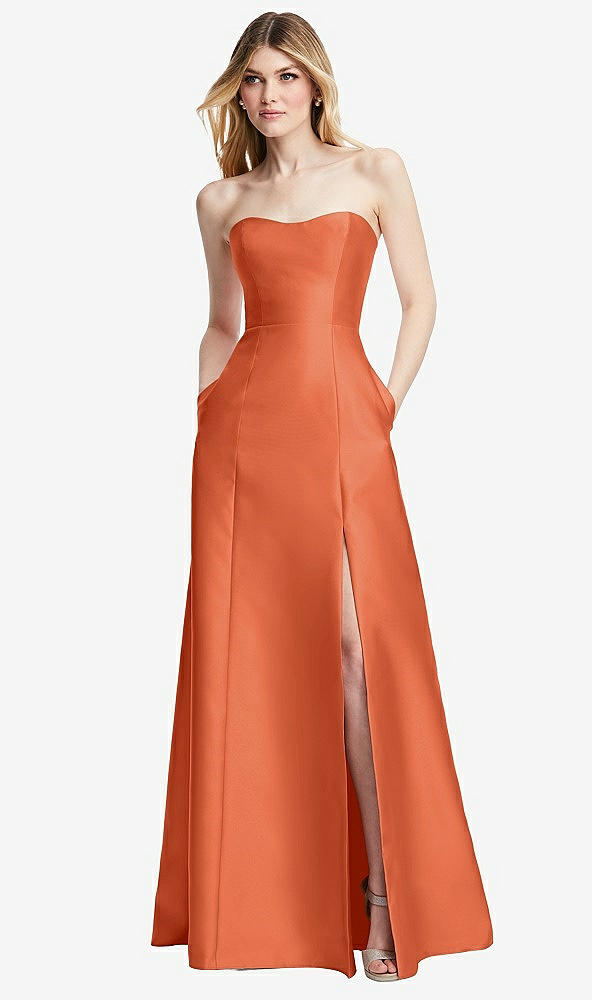 Back View - Portofino Orange Strapless A-line Satin Gown with Modern Bow Detail