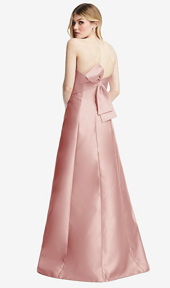 Front View - Rose Strapless A-line Satin Gown with Modern Bow Detail
