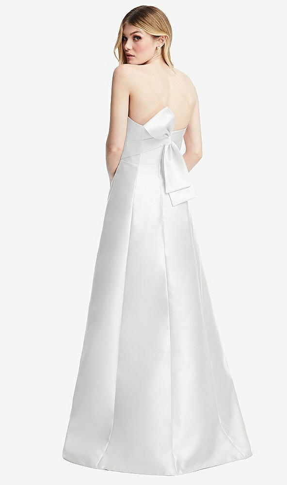 Front View - White Strapless A-line Satin Gown with Modern Bow Detail