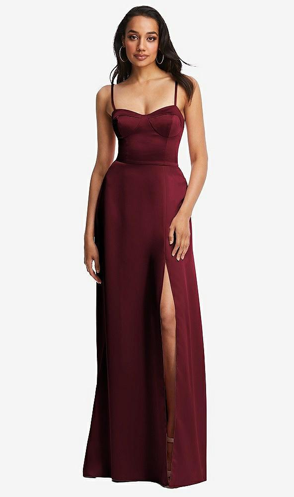 Front View - Cabernet Bustier A-Line Maxi Dress with Adjustable Spaghetti Straps