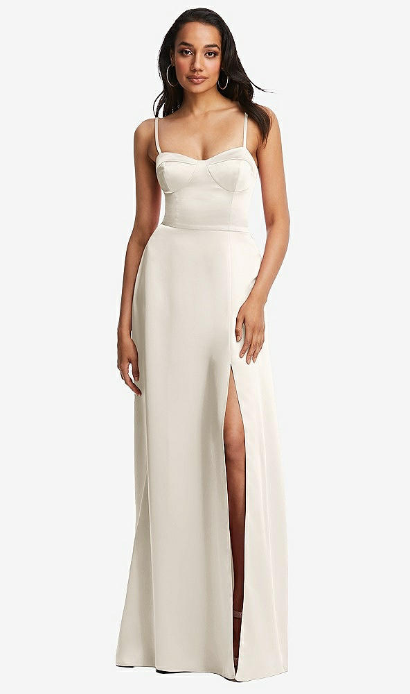 Front View - Ivory Bustier A-Line Maxi Dress with Adjustable Spaghetti Straps