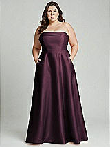 Alt View 1 Thumbnail - Deep Plum Strapless Bias Cuff Bodice Satin Gown with Pockets