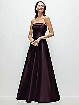 Front View Thumbnail - Deep Plum Strapless Bias Cuff Bodice Satin Gown with Pockets