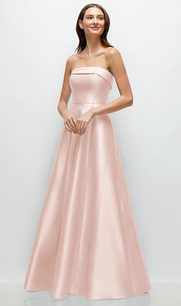 Front View - Blush Strapless Bias Cuff Bodice Satin Gown with Pockets