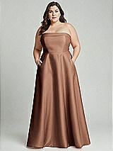 Alt View 1 Thumbnail - Cognac Strapless Bias Cuff Bodice Satin Gown with Pockets