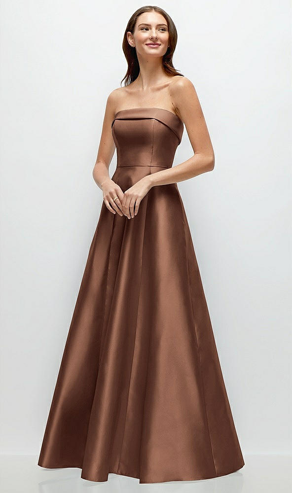Front View - Cognac Strapless Bias Cuff Bodice Satin Gown with Pockets