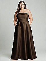Alt View 1 Thumbnail - Espresso Strapless Bias Cuff Bodice Satin Gown with Pockets