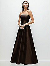 Front View Thumbnail - Espresso Strapless Bias Cuff Bodice Satin Gown with Pockets