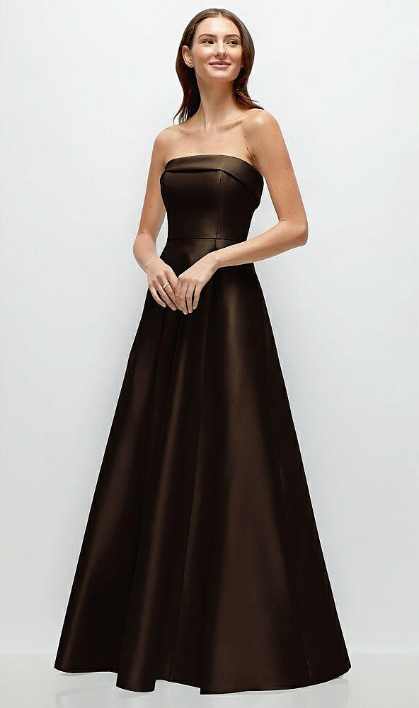 Front View - Espresso Strapless Bias Cuff Bodice Satin Gown with Pockets