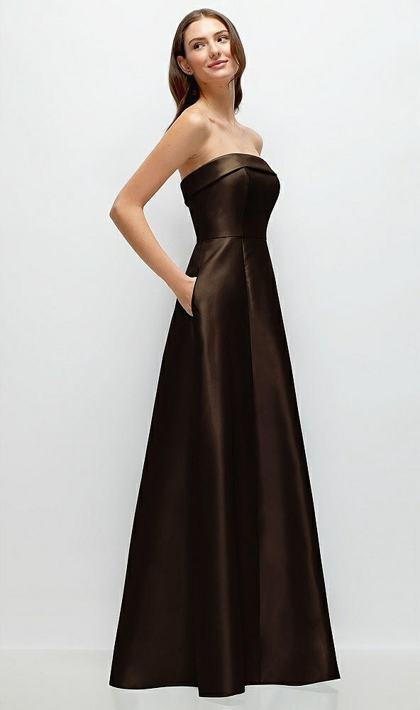 Back View - Espresso Strapless Bias Cuff Bodice Satin Gown with Pockets