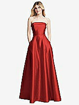 Alt View 3 Thumbnail - Poppy Red Strapless Bias Cuff Bodice Satin Gown with Pockets