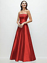 Front View Thumbnail - Poppy Red Strapless Bias Cuff Bodice Satin Gown with Pockets